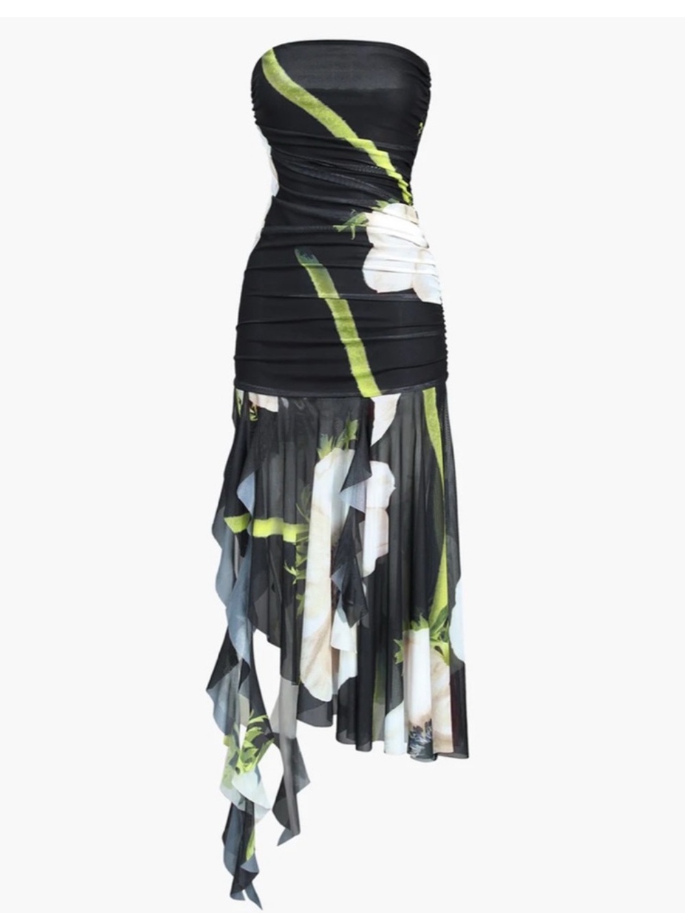 Commense Black Floral Strapless Ruching Cascade Dress with Olive Accents